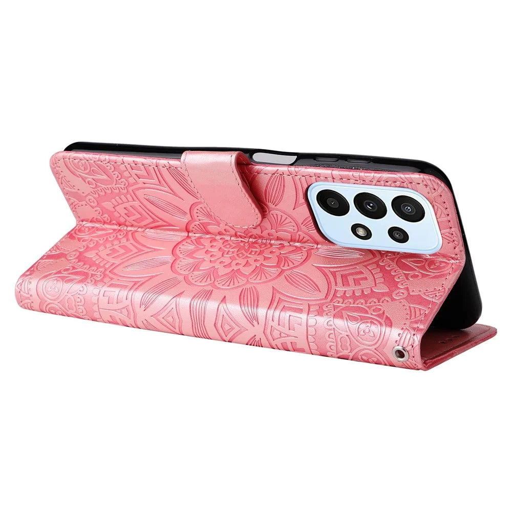 For Samsung Galaxy F23 5G / M23 5G / M13 4G / A23 5G (Global Version) / 4G PU Leather Phone Case Sunflower Imprinted Folio Flip Stand Magnetic Cover with Strap - Pink - 3