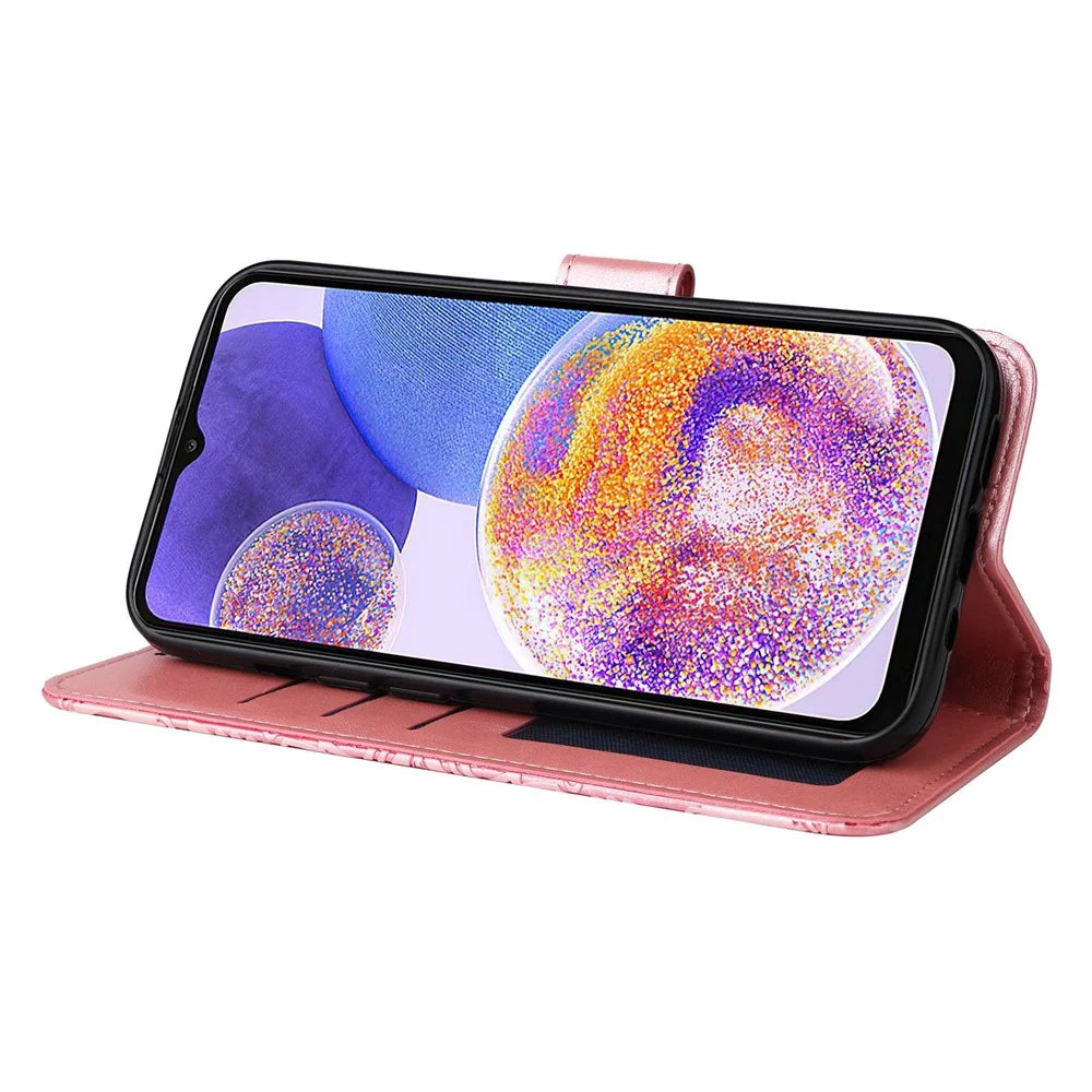 For Samsung Galaxy F23 5G / M23 5G / M13 4G / A23 5G (Global Version) / 4G PU Leather Phone Case Sunflower Imprinted Folio Flip Stand Magnetic Cover with Strap - Pink - 4