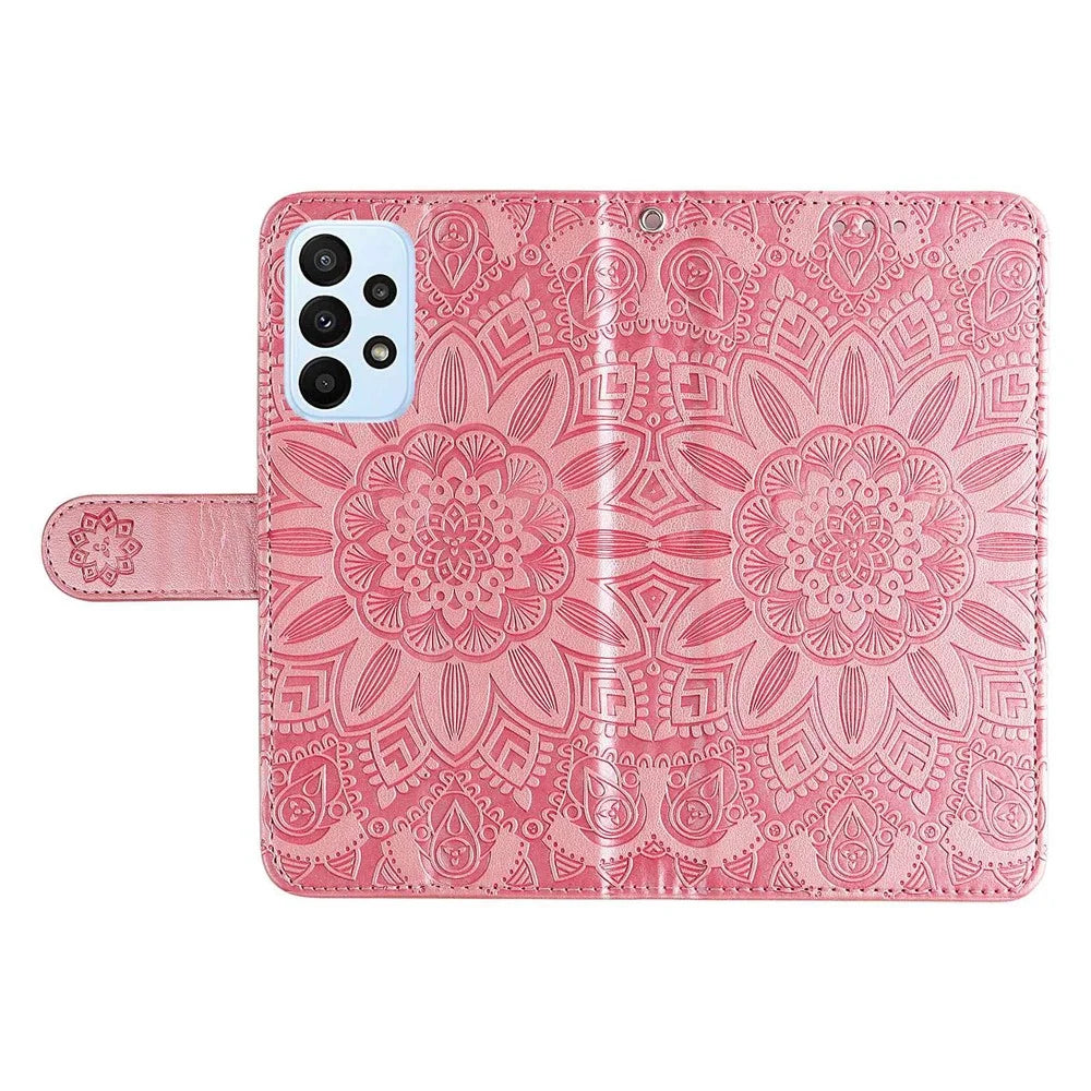 For Samsung Galaxy F23 5G / M23 5G / M13 4G / A23 5G (Global Version) / 4G PU Leather Phone Case Sunflower Imprinted Folio Flip Stand Magnetic Cover with Strap - Pink - 5