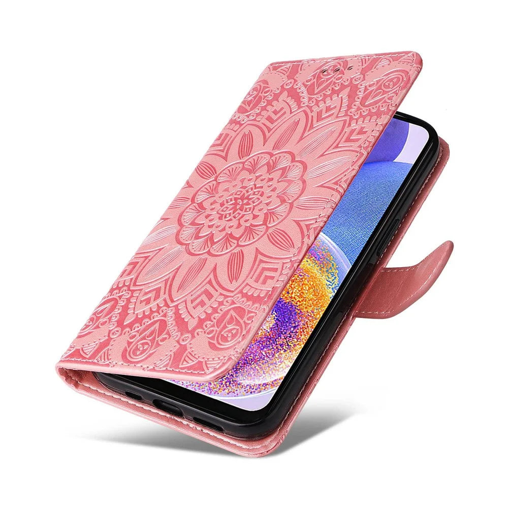 For Samsung Galaxy F23 5G / M23 5G / M13 4G / A23 5G (Global Version) / 4G PU Leather Phone Case Sunflower Imprinted Folio Flip Stand Magnetic Cover with Strap - Pink - 7