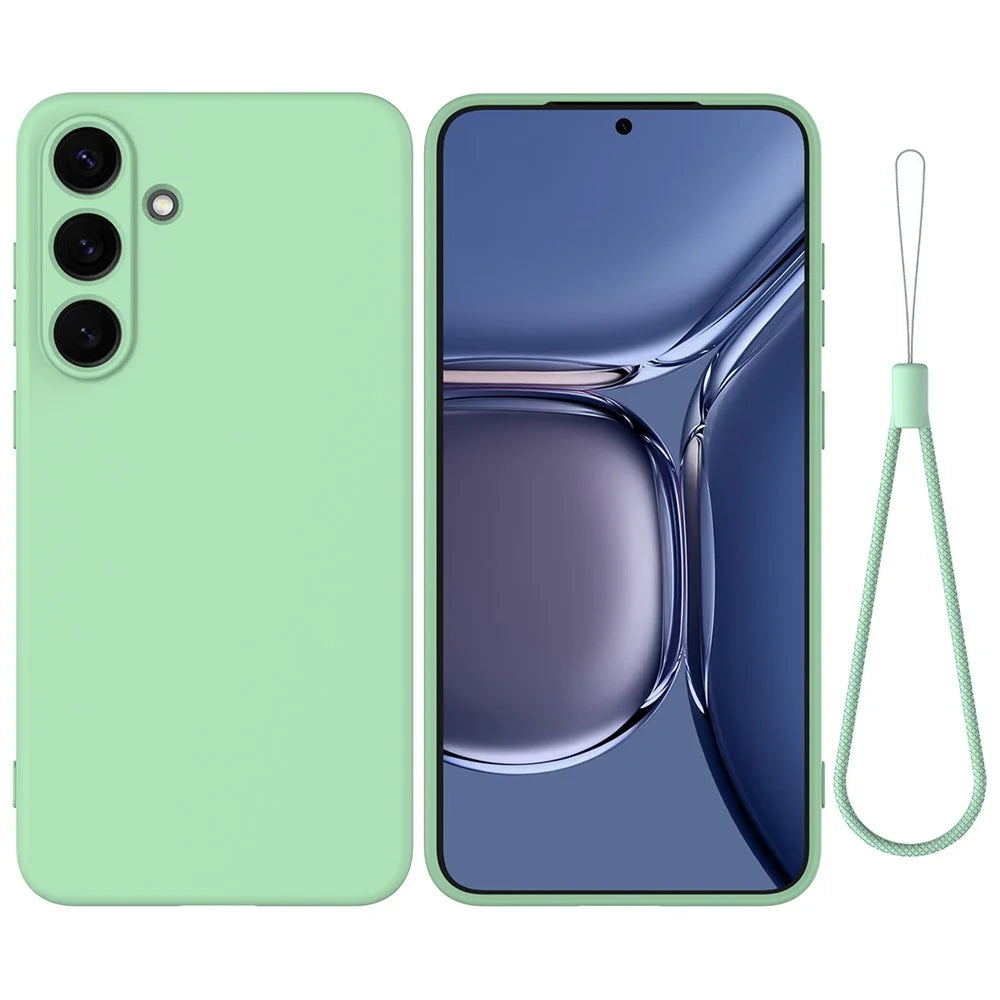 For Samsung Galaxy S25 Case Liquid Silicone Anti-Scratch Phone Cover with Hand Strap - Green - 1