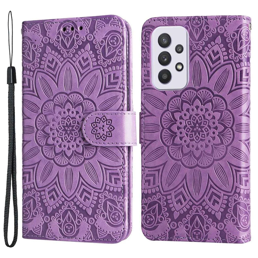 For Samsung Galaxy A33 5G Sunflower Imprinted Folio Flip Phone Case PU Leather Stand Magnetic Clasp Shockproof Cover with Strap - Purple - 1