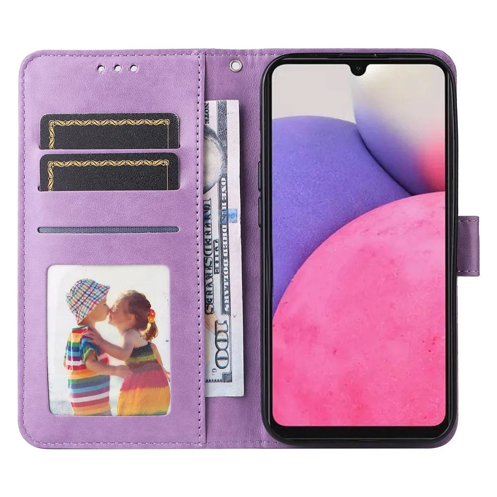 For Samsung Galaxy A33 5G Sunflower Imprinted Folio Flip Phone Case PU Leather Stand Magnetic Clasp Shockproof Cover with Strap - Purple - 2