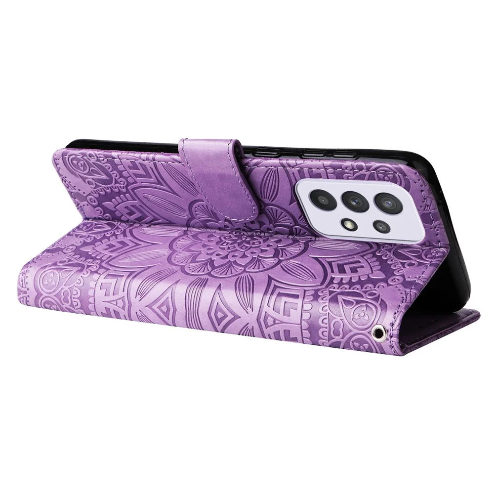 For Samsung Galaxy A33 5G Sunflower Imprinted Folio Flip Phone Case PU Leather Stand Magnetic Clasp Shockproof Cover with Strap - Purple - 3