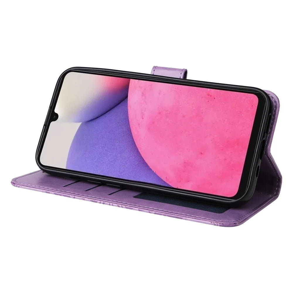 For Samsung Galaxy A33 5G Sunflower Imprinted Folio Flip Phone Case PU Leather Stand Magnetic Clasp Shockproof Cover with Strap - Purple - 4