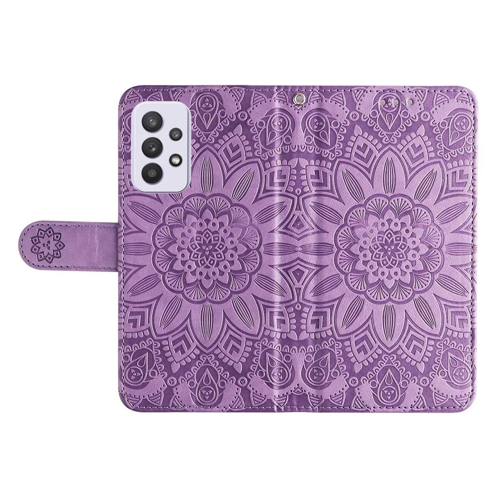 For Samsung Galaxy A33 5G Sunflower Imprinted Folio Flip Phone Case PU Leather Stand Magnetic Clasp Shockproof Cover with Strap - Purple - 5