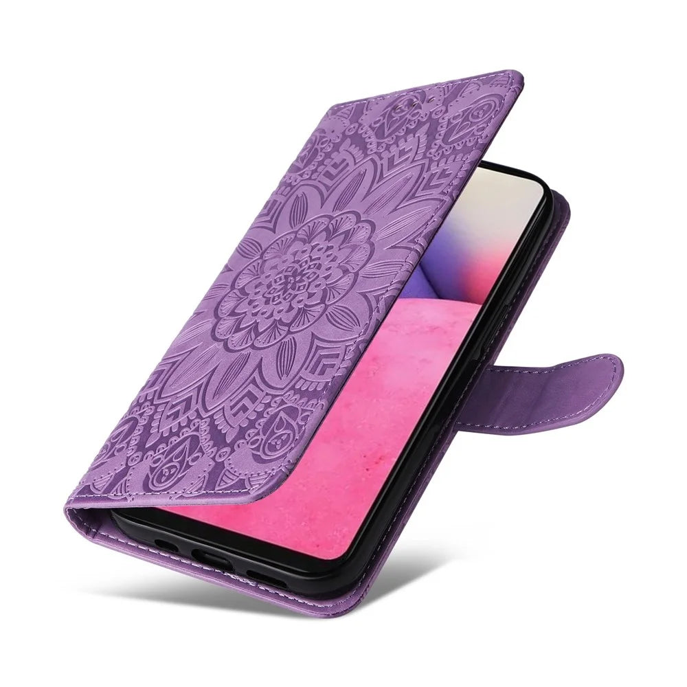For Samsung Galaxy A33 5G Sunflower Imprinted Folio Flip Phone Case PU Leather Stand Magnetic Clasp Shockproof Cover with Strap - Purple - 7