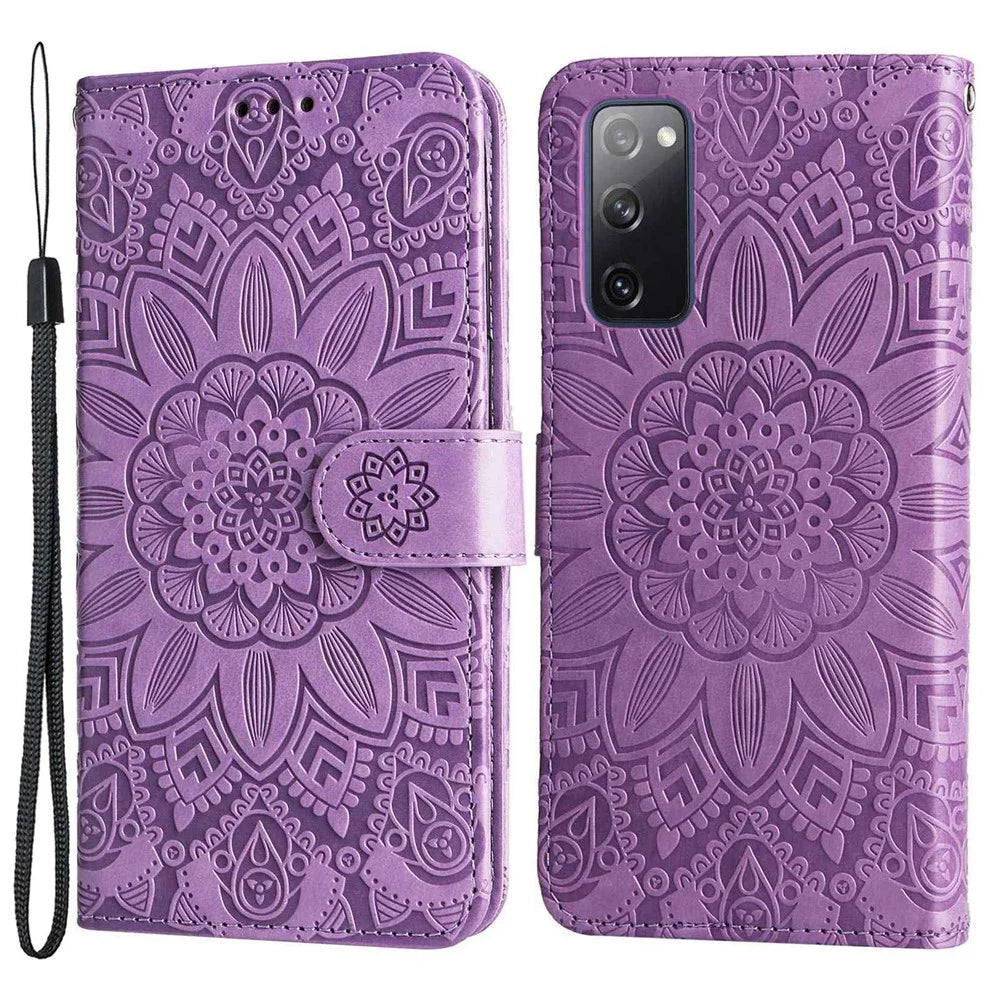 For Samsung Galaxy S20 FE / S20 FE 5G / S20 Lite Sunflower Imprinted PU Leather Case Stand Magnetic Clasp Wallet Phone Cover with Strap - Purple - 1