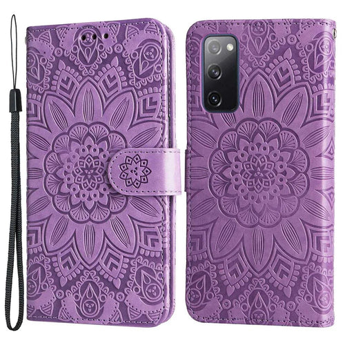 For Samsung Galaxy S20 FE / S20 FE 5G / S20 Lite Sunflower Imprinted PU Leather Case Stand Magnetic Clasp Wallet Phone Cover with Strap - Purple - 1