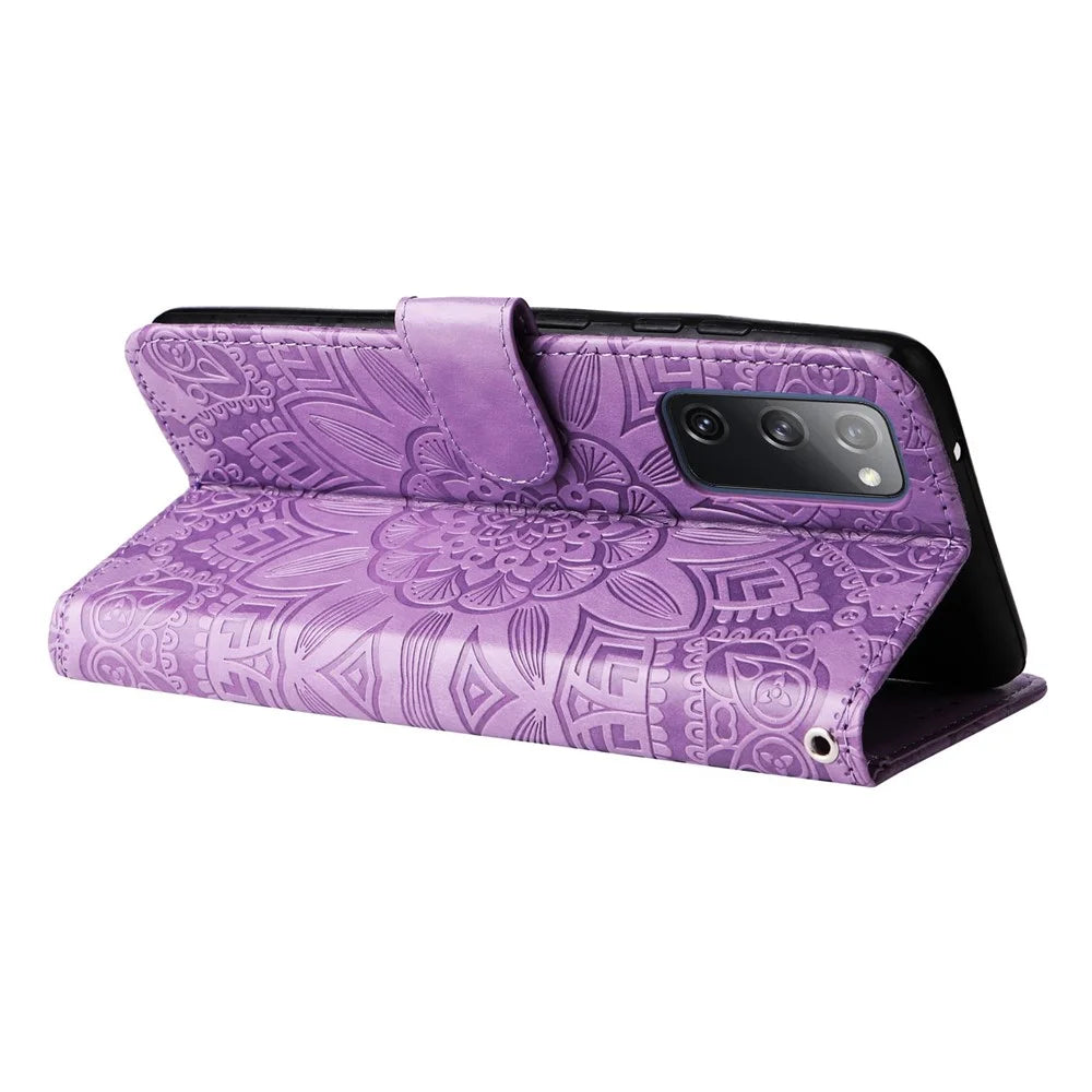 For Samsung Galaxy S20 FE / S20 FE 5G / S20 Lite Sunflower Imprinted PU Leather Case Stand Magnetic Clasp Wallet Phone Cover with Strap - Purple - 3