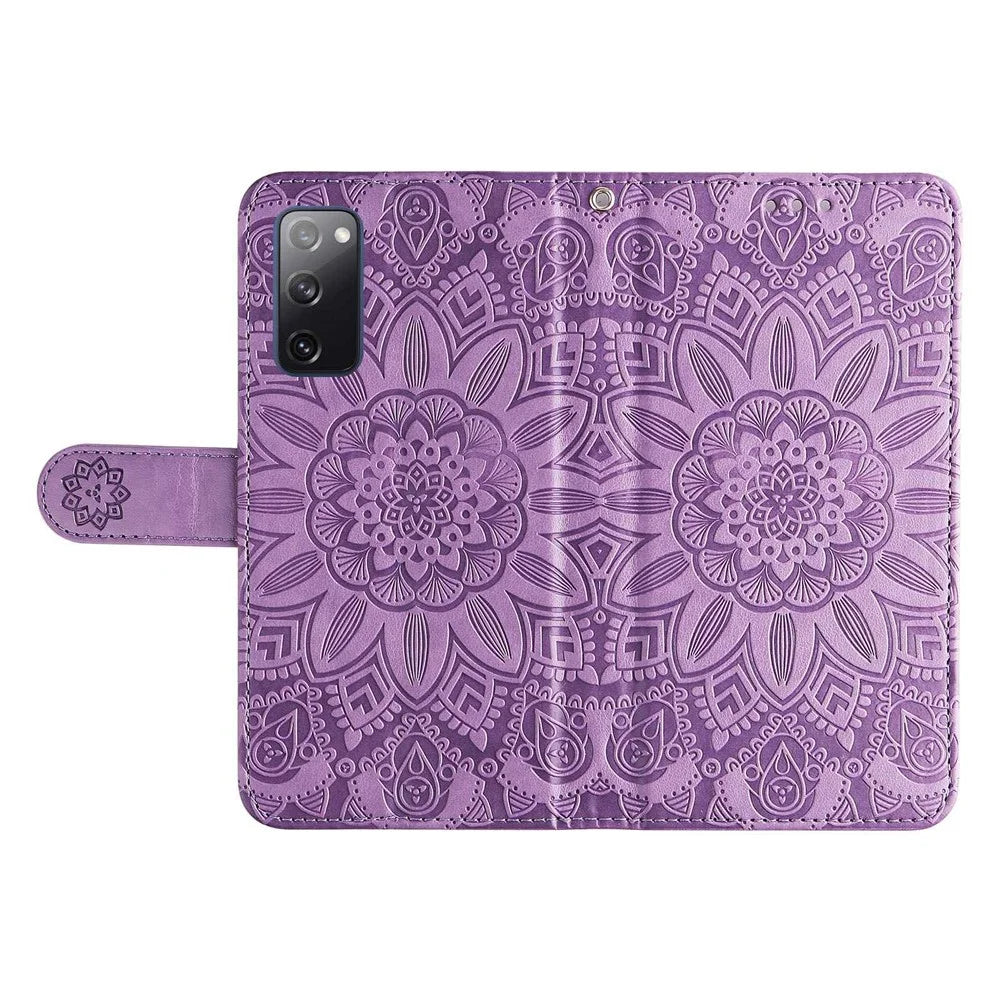 For Samsung Galaxy S20 FE / S20 FE 5G / S20 Lite Sunflower Imprinted PU Leather Case Stand Magnetic Clasp Wallet Phone Cover with Strap - Purple - 5