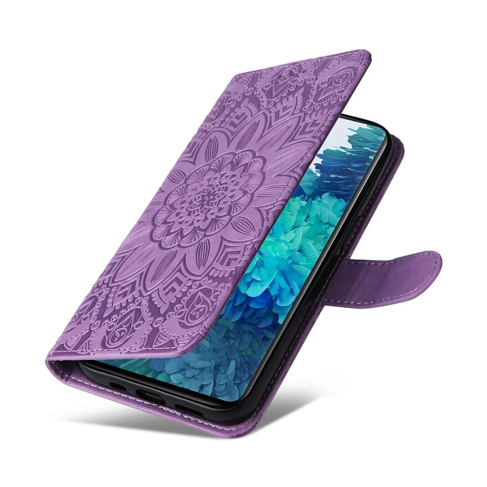 For Samsung Galaxy S20 FE / S20 FE 5G / S20 Lite Sunflower Imprinted PU Leather Case Stand Magnetic Clasp Wallet Phone Cover with Strap - Purple - 7