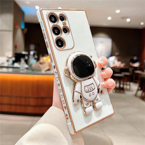 For Samsung Galaxy S23 Ultra Case Love Hearts Electroplating TPU Phone Cover with Astronaut Kickstand - Ivory White - 1