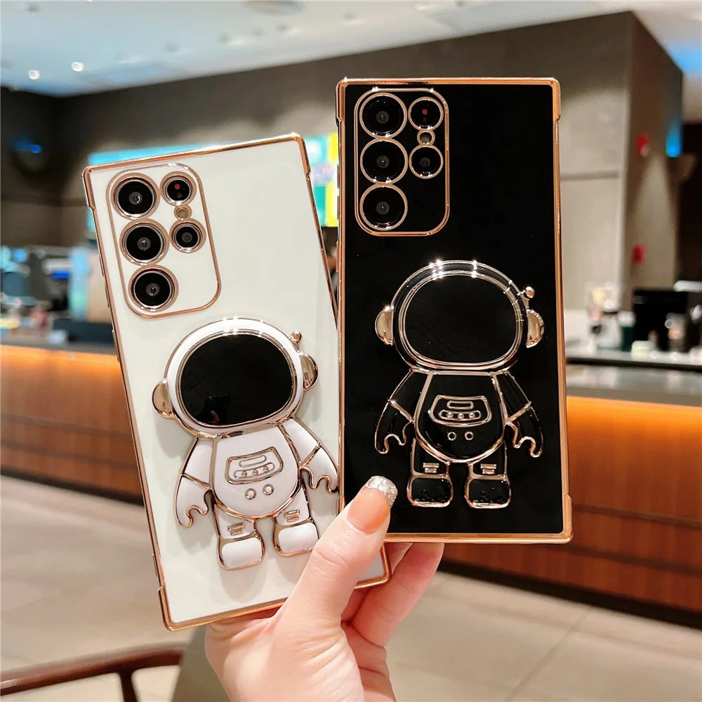 For Samsung Galaxy S23 Ultra Case Love Hearts Electroplating TPU Phone Cover with Astronaut Kickstand - Ivory White - 5