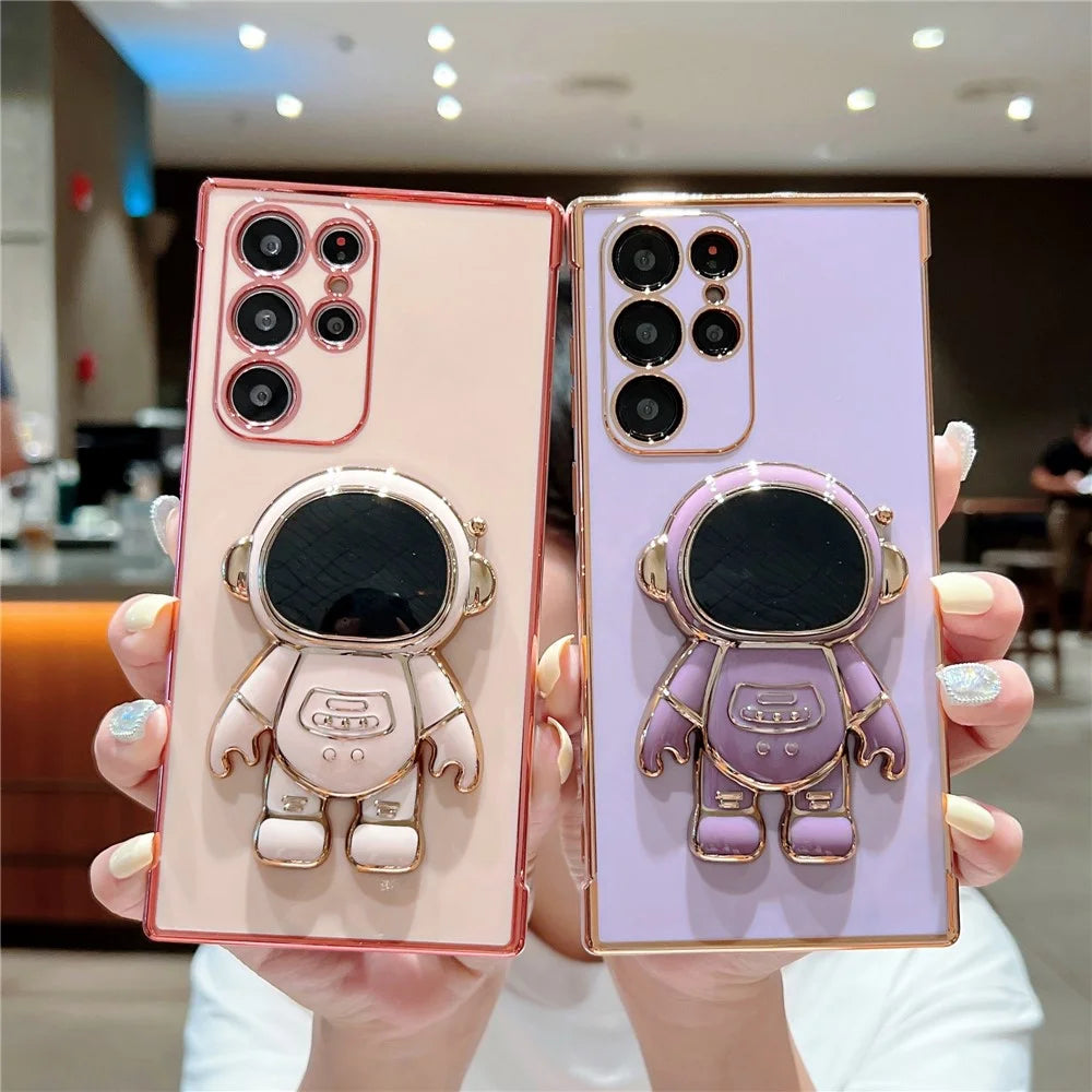For Samsung Galaxy S23 Ultra Case Love Hearts Electroplating TPU Phone Cover with Astronaut Kickstand - Ivory White - 6
