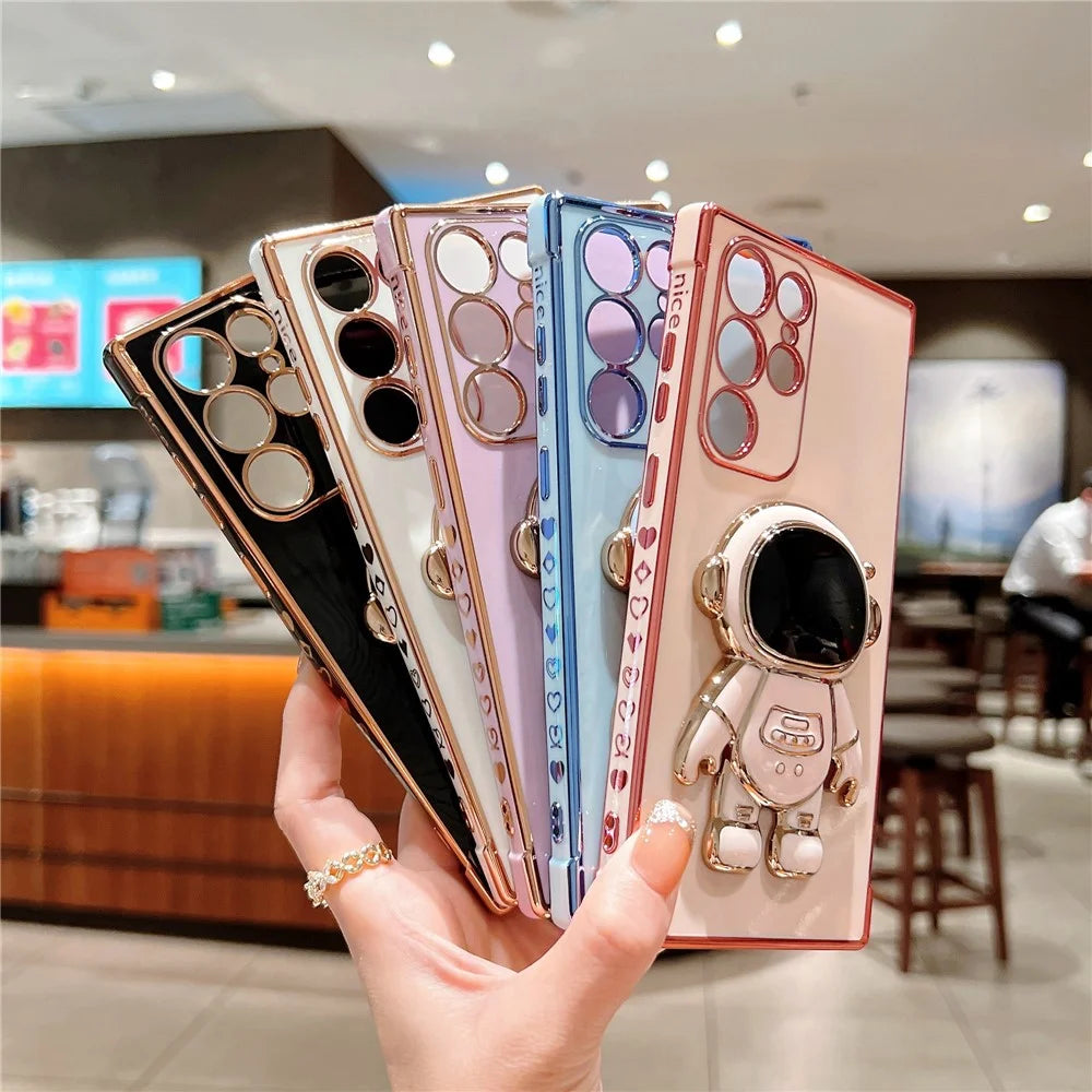 For Samsung Galaxy S23 Ultra Case Love Hearts Electroplating TPU Phone Cover with Astronaut Kickstand - Ivory White - 7