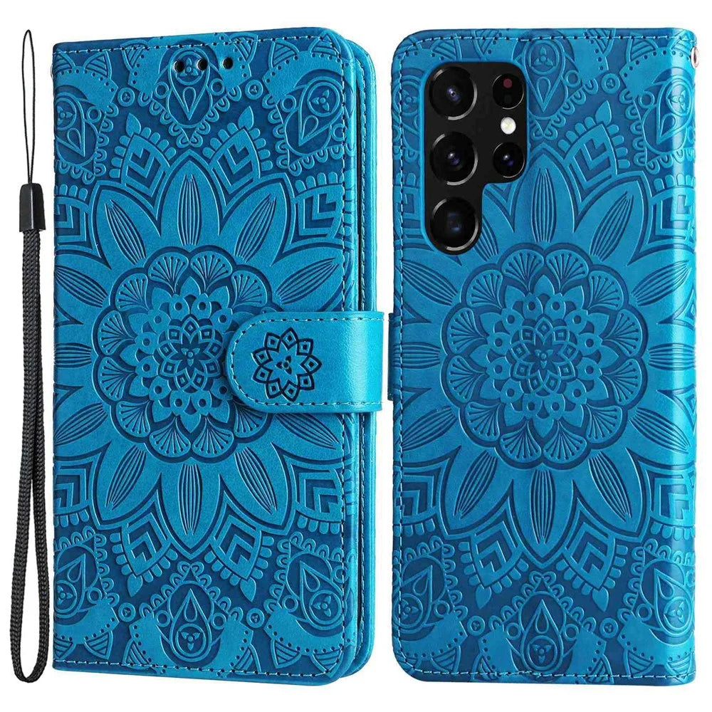 For Samsung Galaxy S22 Ultra 5G Sunflower Imprinted Wallet Phone Case PU Leather Wrist Strap Stand Feature Flip Cover - Blue - 1