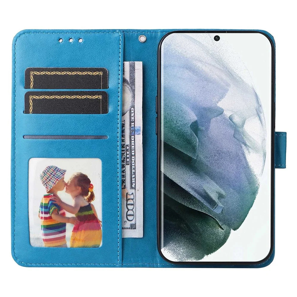 For Samsung Galaxy S22 Ultra 5G Sunflower Imprinted Wallet Phone Case PU Leather Wrist Strap Stand Feature Flip Cover - Blue - 2