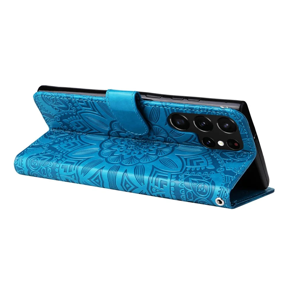 For Samsung Galaxy S22 Ultra 5G Sunflower Imprinted Wallet Phone Case PU Leather Wrist Strap Stand Feature Flip Cover - Blue - 3