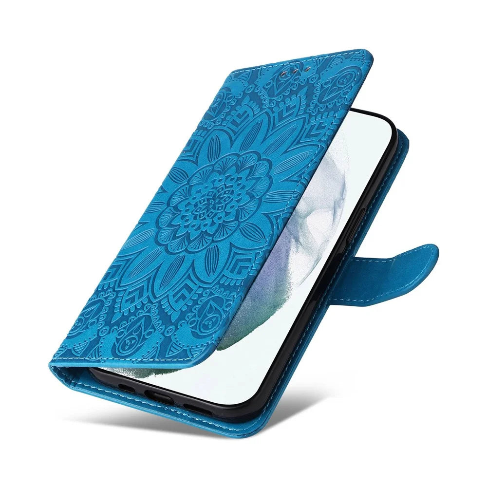For Samsung Galaxy S22 Ultra 5G Sunflower Imprinted Wallet Phone Case PU Leather Wrist Strap Stand Feature Flip Cover - Blue - 7