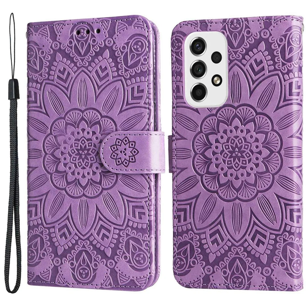 For Samsung Galaxy A53 5G Sunflower Imprinted Magnetic Closure Phone Case PU Leather Stand Flip Wallet Cover with Wrist Strap - Purple - 1