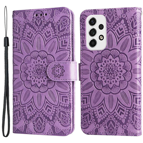 For Samsung Galaxy A53 5G Sunflower Imprinted Magnetic Closure Phone Case PU Leather Stand Flip Wallet Cover with Wrist Strap - Purple - 1