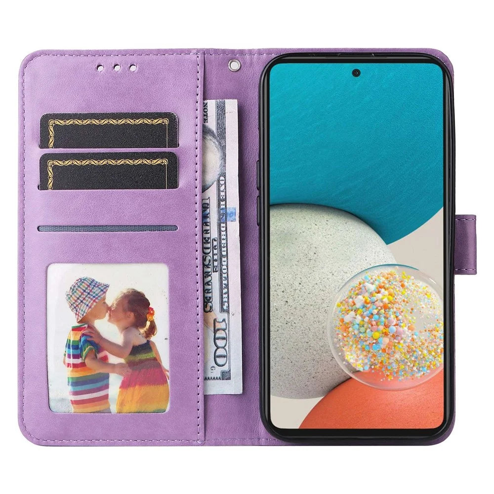 For Samsung Galaxy A53 5G Sunflower Imprinted Magnetic Closure Phone Case PU Leather Stand Flip Wallet Cover with Wrist Strap - Purple - 2