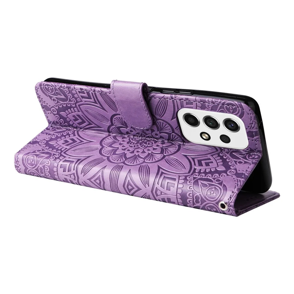 For Samsung Galaxy A53 5G Sunflower Imprinted Magnetic Closure Phone Case PU Leather Stand Flip Wallet Cover with Wrist Strap - Purple - 3