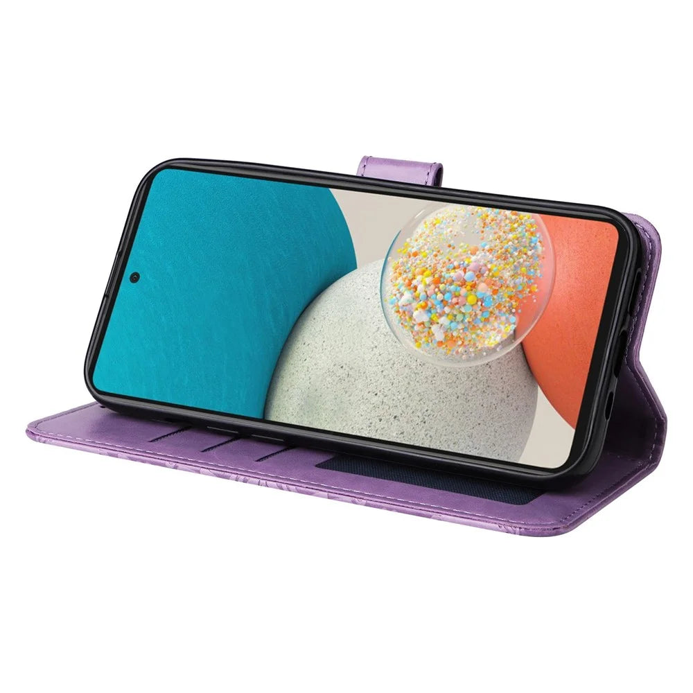 For Samsung Galaxy A53 5G Sunflower Imprinted Magnetic Closure Phone Case PU Leather Stand Flip Wallet Cover with Wrist Strap - Purple - 4