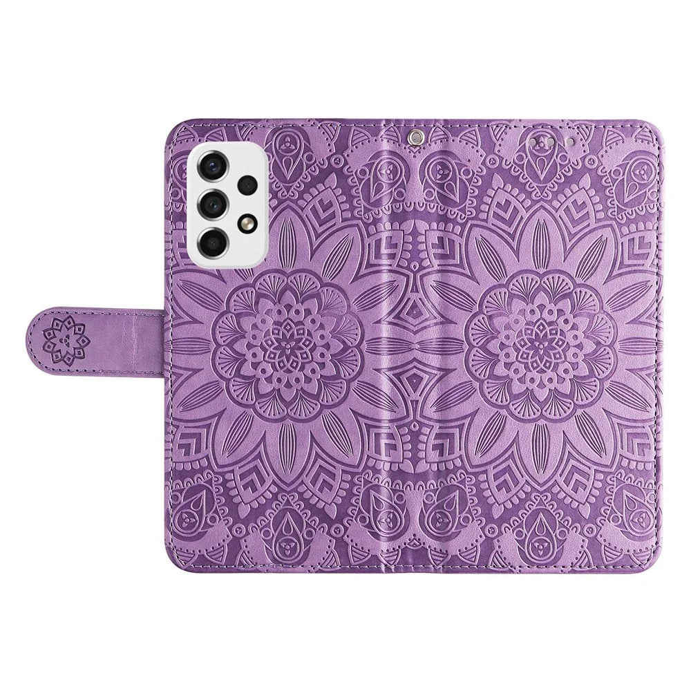 For Samsung Galaxy A53 5G Sunflower Imprinted Magnetic Closure Phone Case PU Leather Stand Flip Wallet Cover with Wrist Strap - Purple - 5