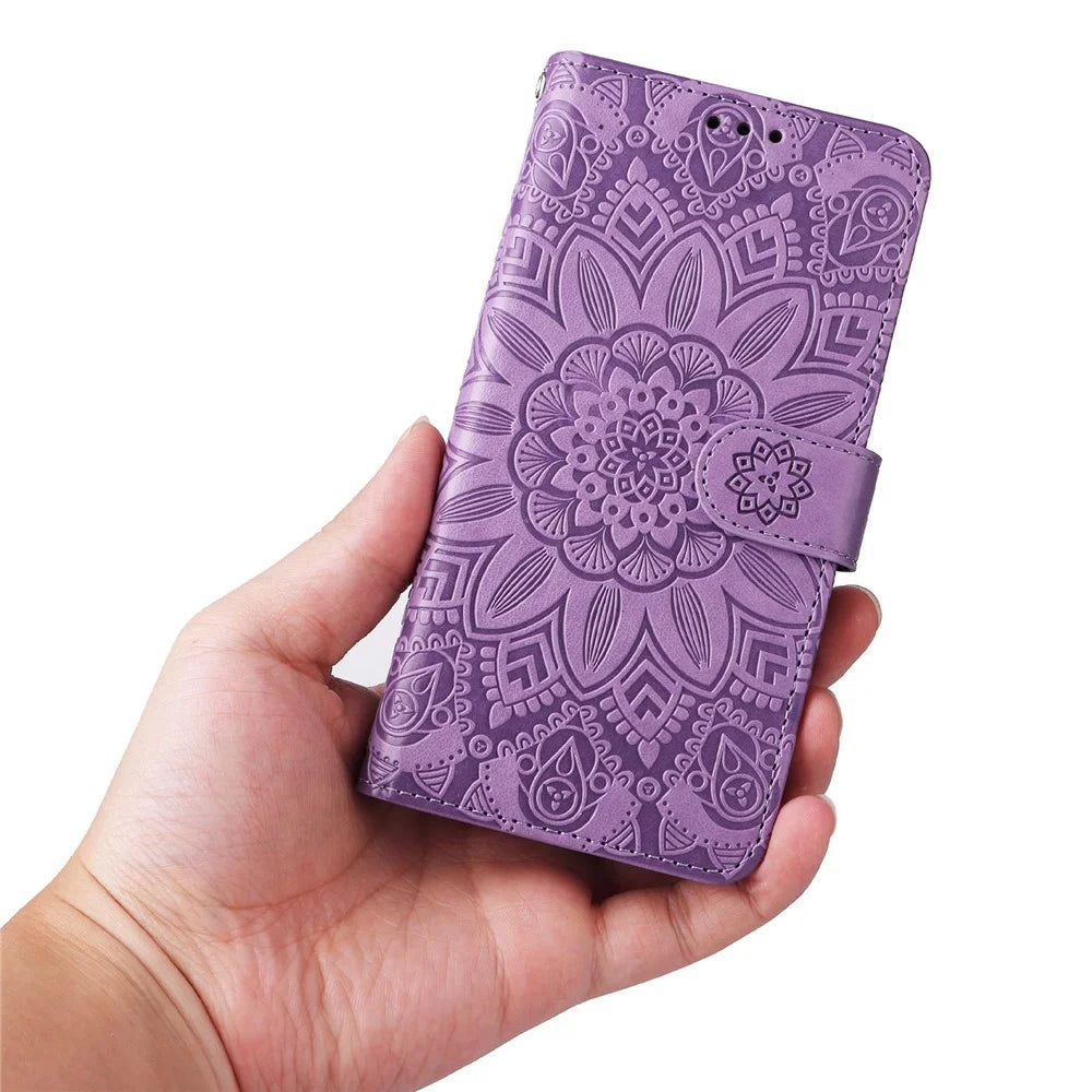For Samsung Galaxy A53 5G Sunflower Imprinted Magnetic Closure Phone Case PU Leather Stand Flip Wallet Cover with Wrist Strap - Purple - 6