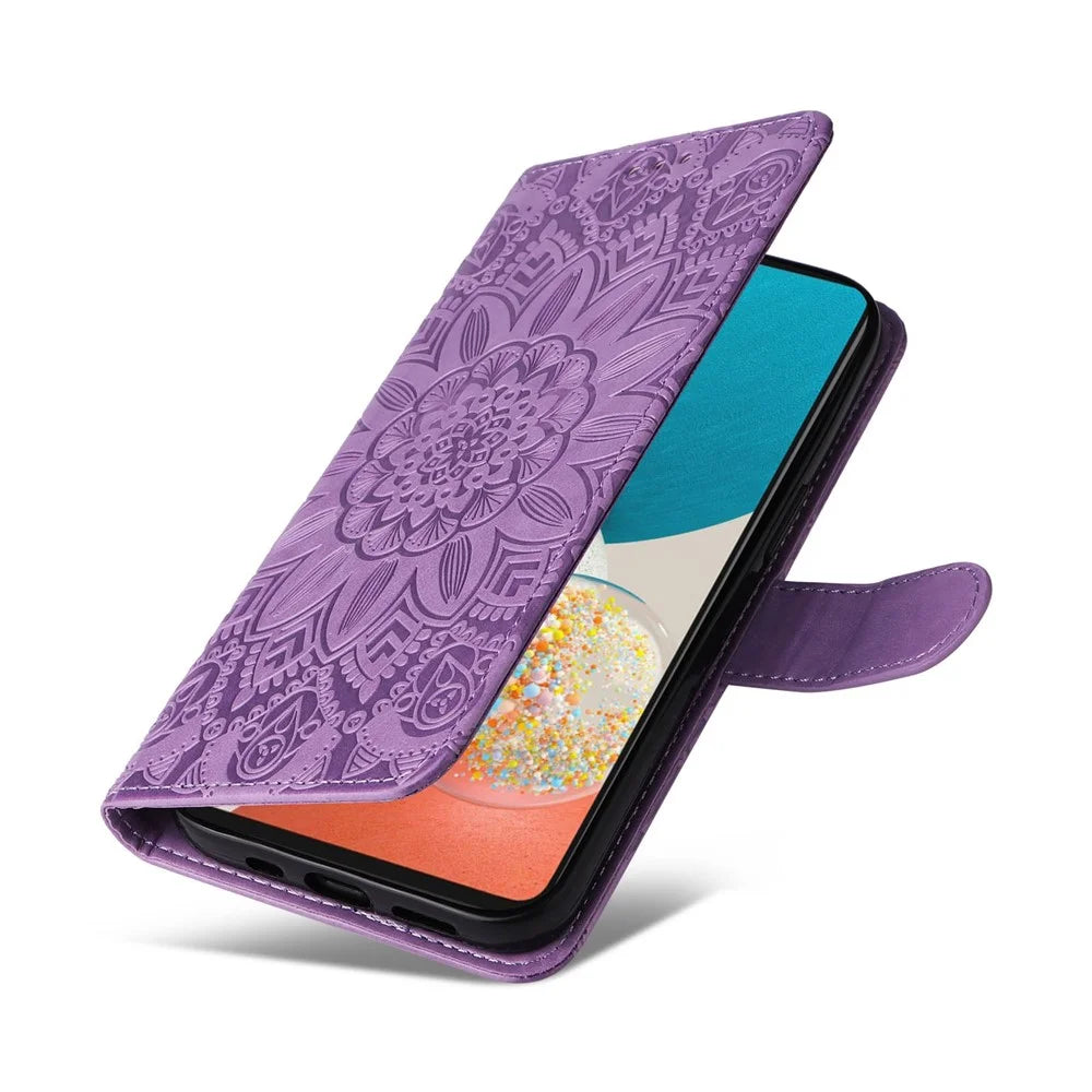 For Samsung Galaxy A53 5G Sunflower Imprinted Magnetic Closure Phone Case PU Leather Stand Flip Wallet Cover with Wrist Strap - Purple - 7