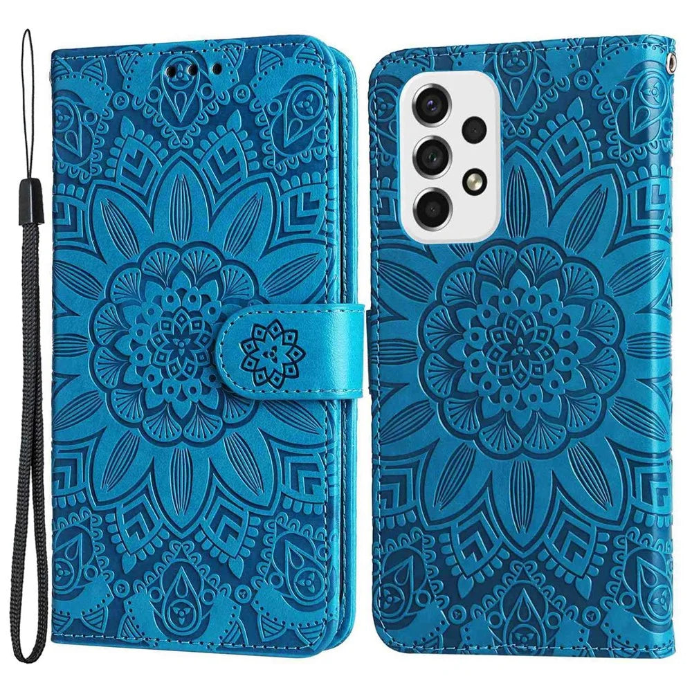 For Samsung Galaxy A73 5G Flip Wallet Phone Case Sunflower Imprinted PU Leather Stand Magnetic Closure Protective Cover with Strap - Blue - 1