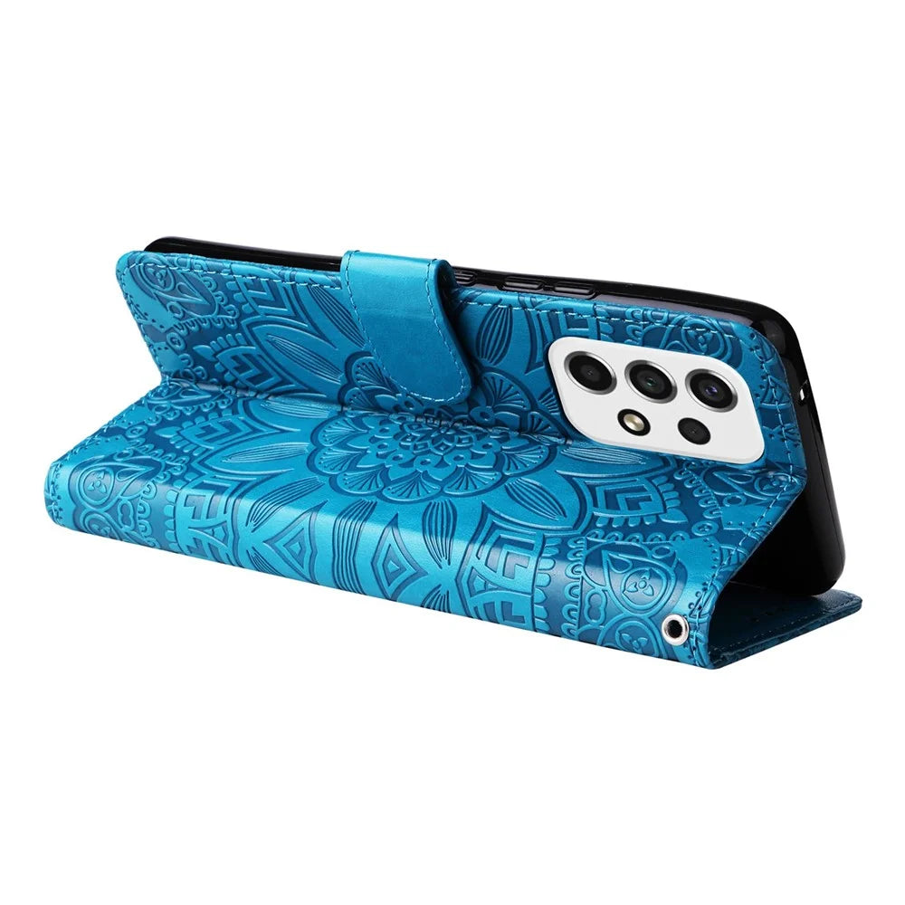 For Samsung Galaxy A73 5G Flip Wallet Phone Case Sunflower Imprinted PU Leather Stand Magnetic Closure Protective Cover with Strap - Blue - 3