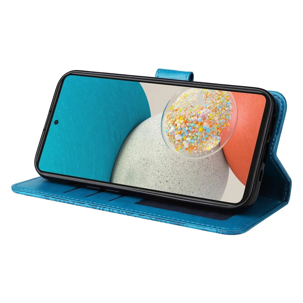 For Samsung Galaxy A73 5G Flip Wallet Phone Case Sunflower Imprinted PU Leather Stand Magnetic Closure Protective Cover with Strap - Blue - 4