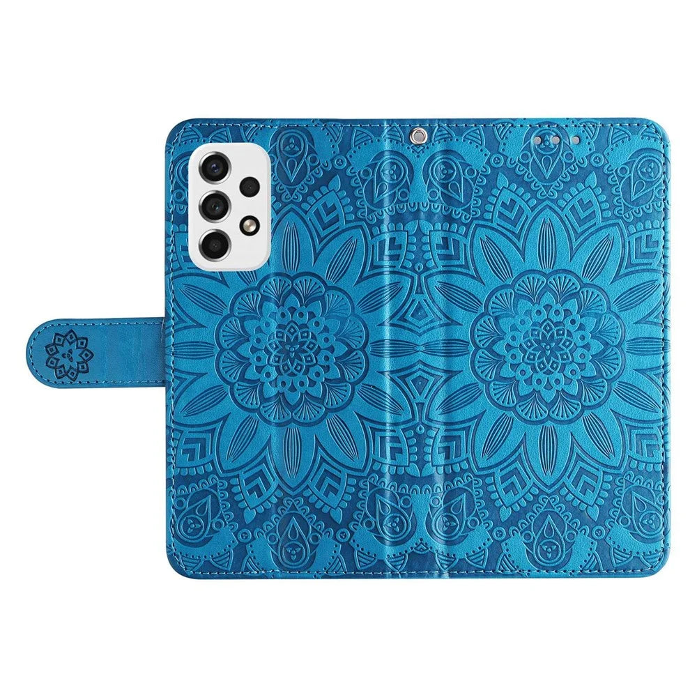For Samsung Galaxy A73 5G Flip Wallet Phone Case Sunflower Imprinted PU Leather Stand Magnetic Closure Protective Cover with Strap - Blue - 5