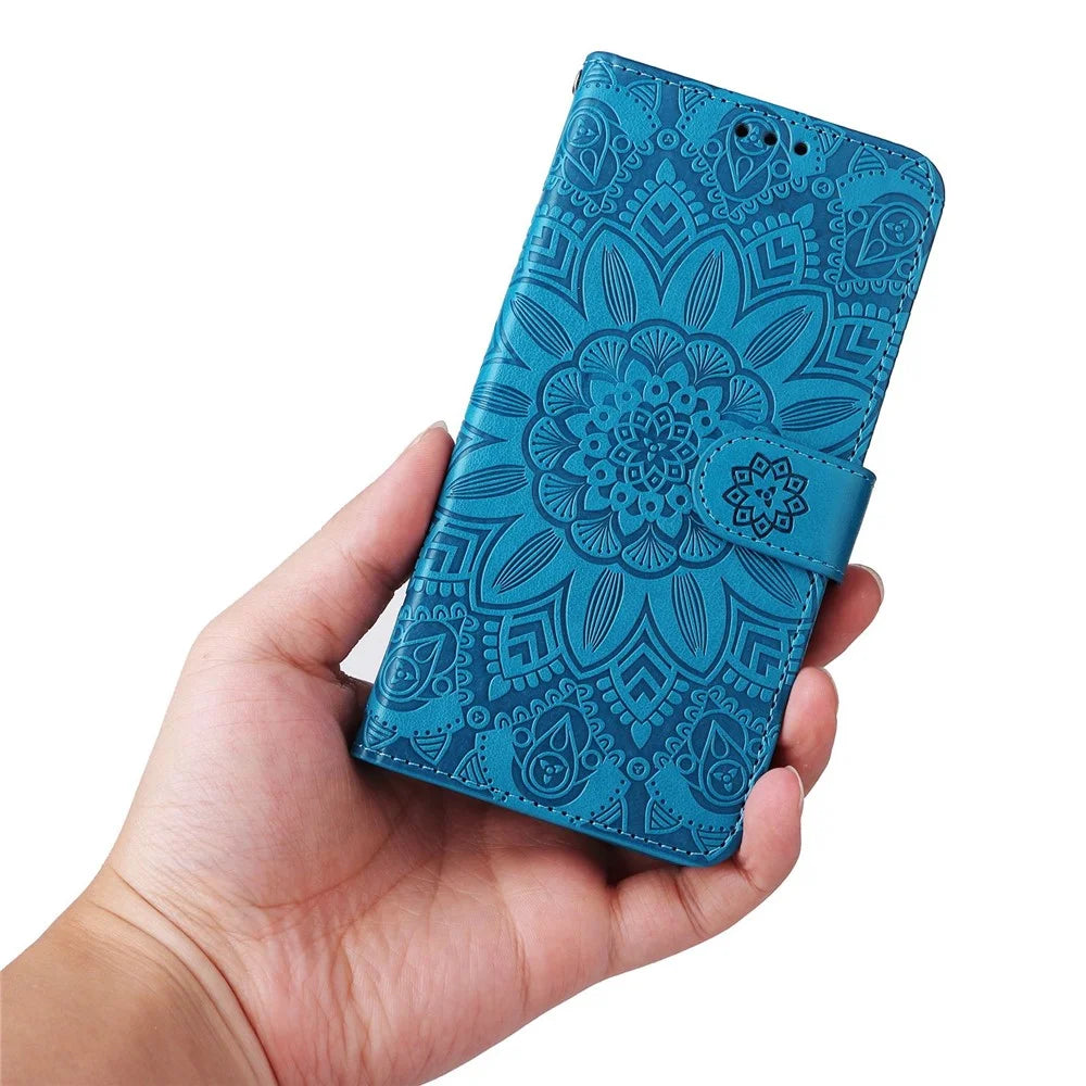For Samsung Galaxy A73 5G Flip Wallet Phone Case Sunflower Imprinted PU Leather Stand Magnetic Closure Protective Cover with Strap - Blue - 6
