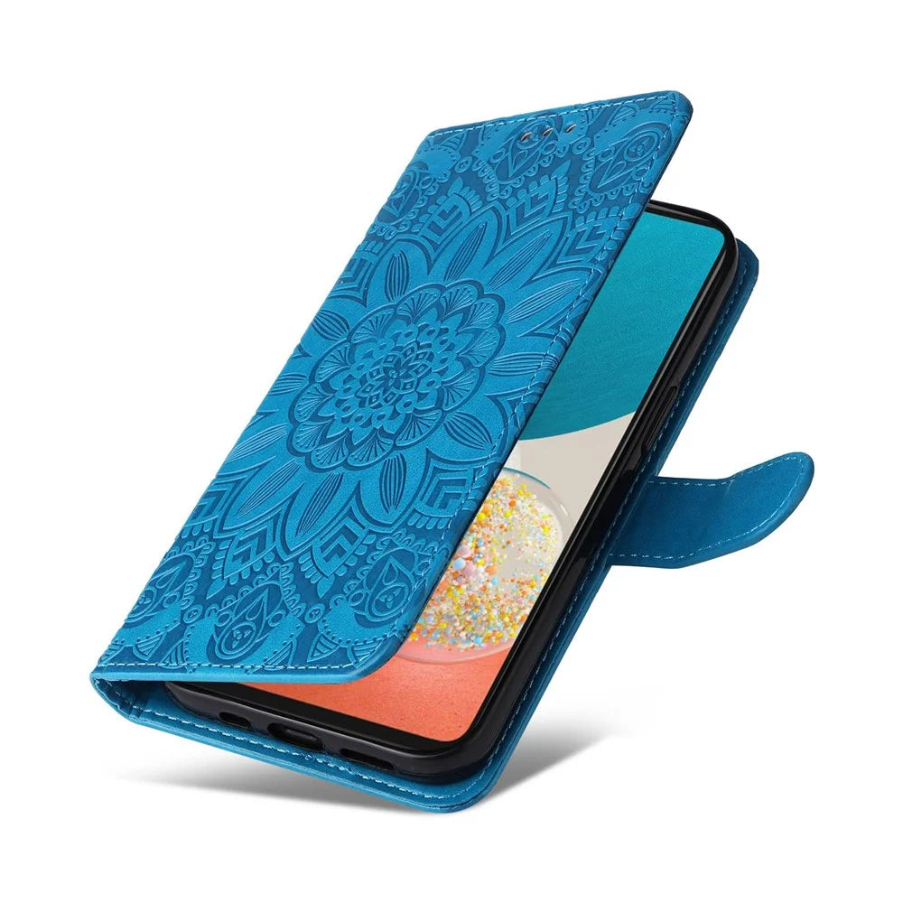 For Samsung Galaxy A73 5G Flip Wallet Phone Case Sunflower Imprinted PU Leather Stand Magnetic Closure Protective Cover with Strap - Blue - 7