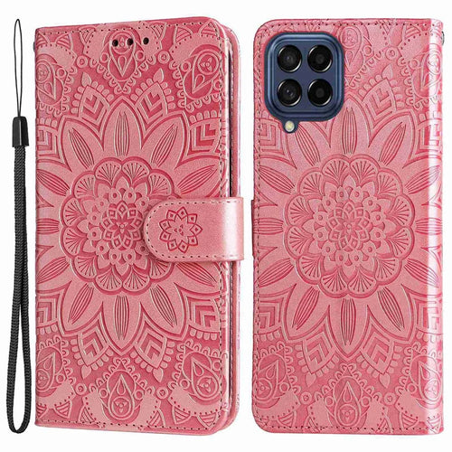 For Samsung Galaxy M53 5G Sunflower Imprinted PU Leather Flip Stand Phone Case Wallet Design Magnetic Closure Inner TPU Anti-Drop Protective Cover with Strap - Pink - 1