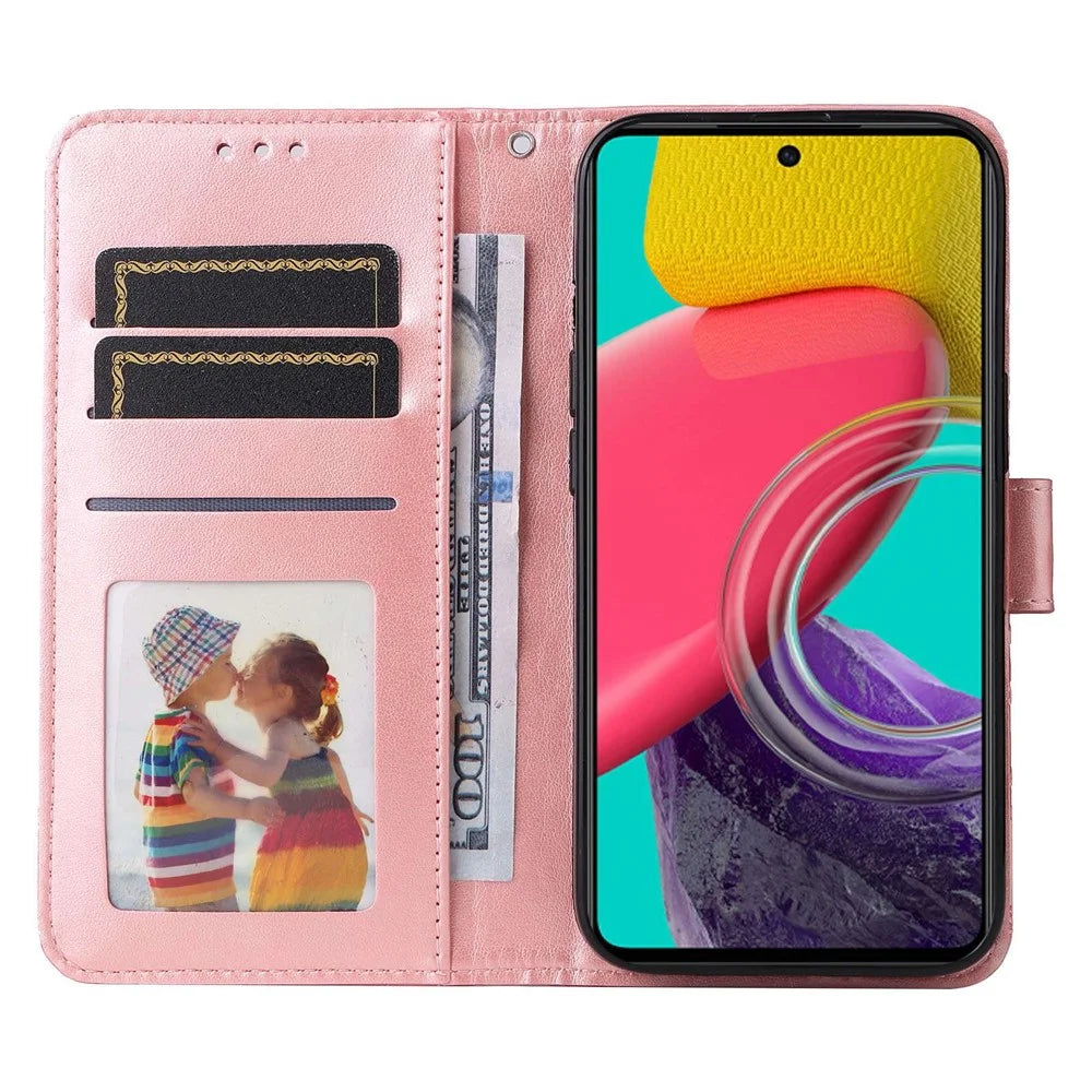 For Samsung Galaxy M53 5G Sunflower Imprinted PU Leather Flip Stand Phone Case Wallet Design Magnetic Closure Inner TPU Anti-Drop Protective Cover with Strap - Pink - 2