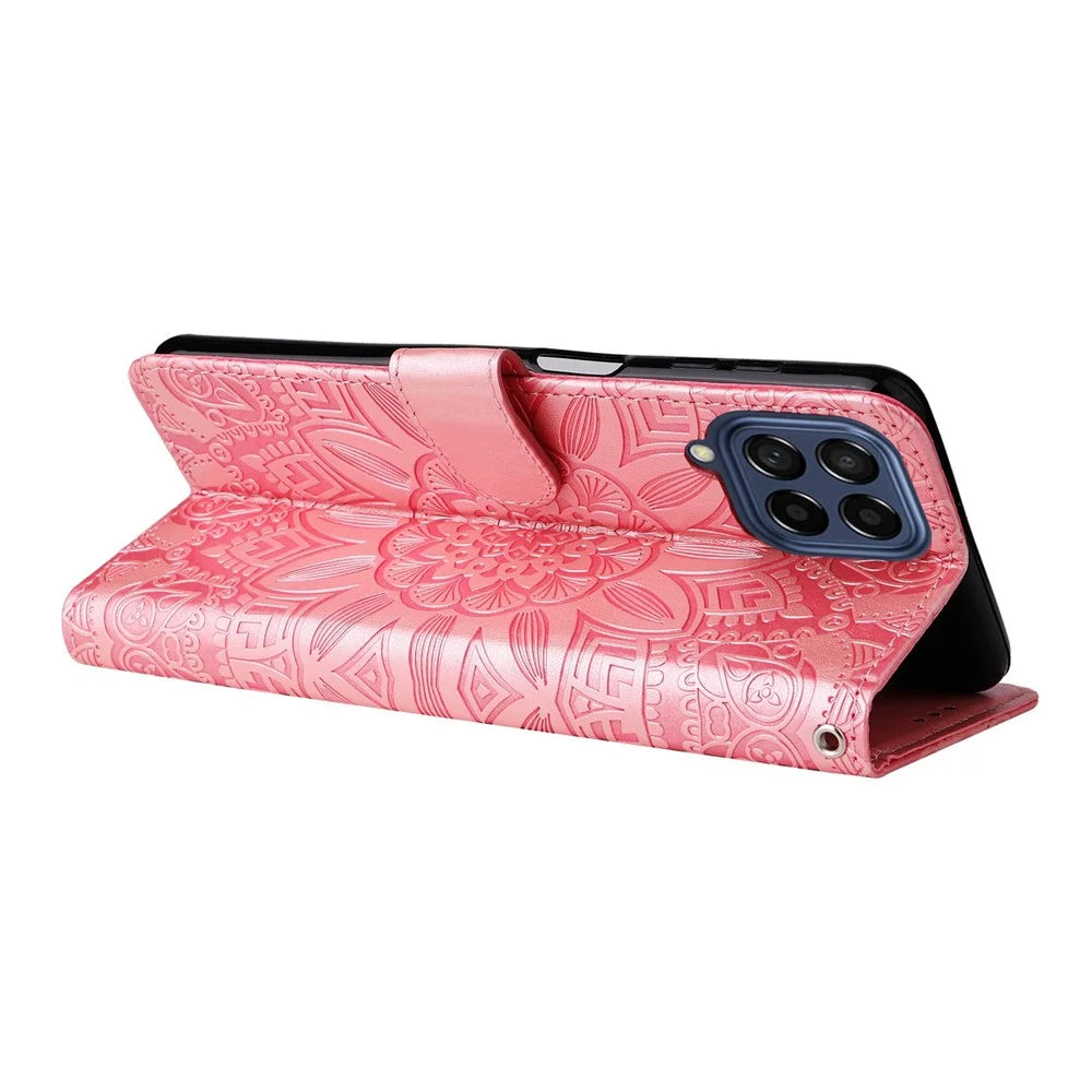 For Samsung Galaxy M53 5G Sunflower Imprinted PU Leather Flip Stand Phone Case Wallet Design Magnetic Closure Inner TPU Anti-Drop Protective Cover with Strap - Pink - 3