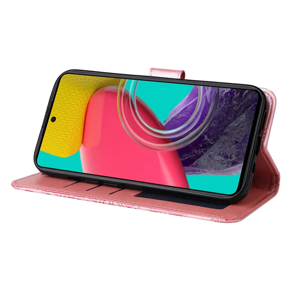 For Samsung Galaxy M53 5G Sunflower Imprinted PU Leather Flip Stand Phone Case Wallet Design Magnetic Closure Inner TPU Anti-Drop Protective Cover with Strap - Pink - 4