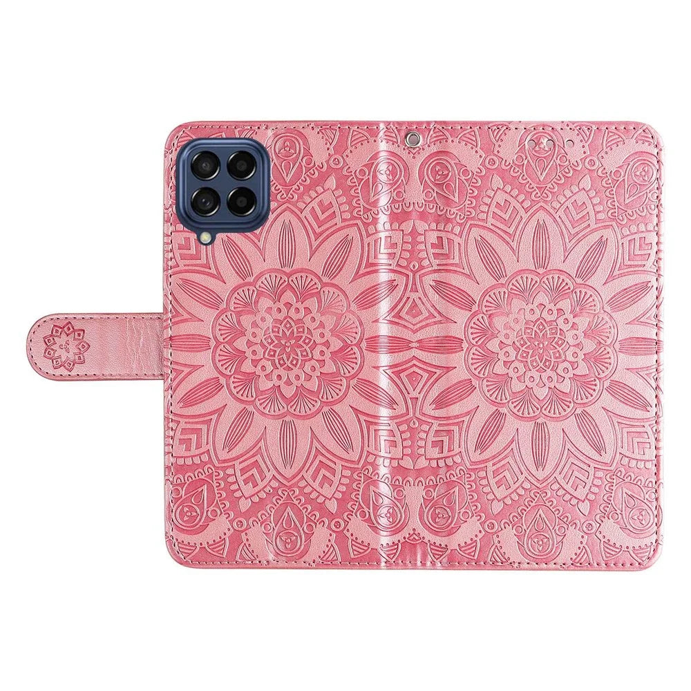 For Samsung Galaxy M53 5G Sunflower Imprinted PU Leather Flip Stand Phone Case Wallet Design Magnetic Closure Inner TPU Anti-Drop Protective Cover with Strap - Pink - 5