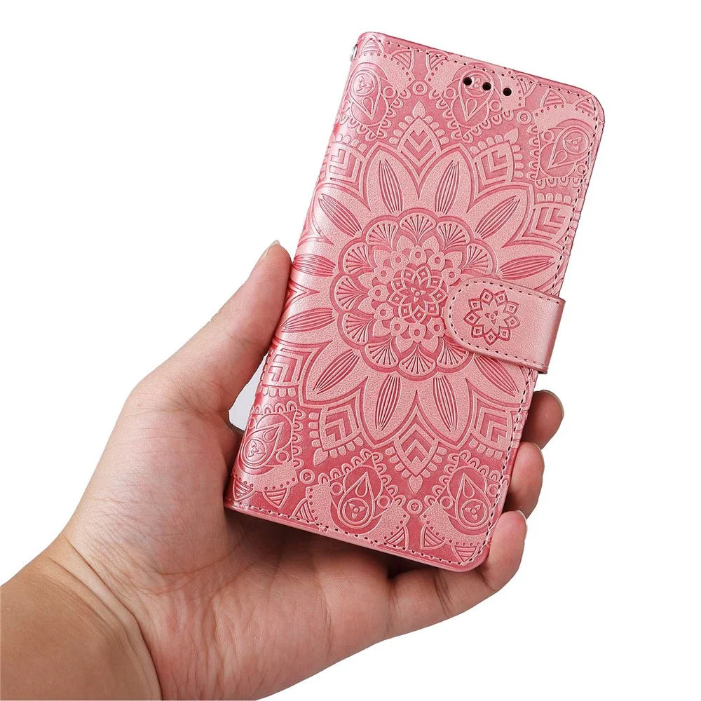 For Samsung Galaxy M53 5G Sunflower Imprinted PU Leather Flip Stand Phone Case Wallet Design Magnetic Closure Inner TPU Anti-Drop Protective Cover with Strap - Pink - 6