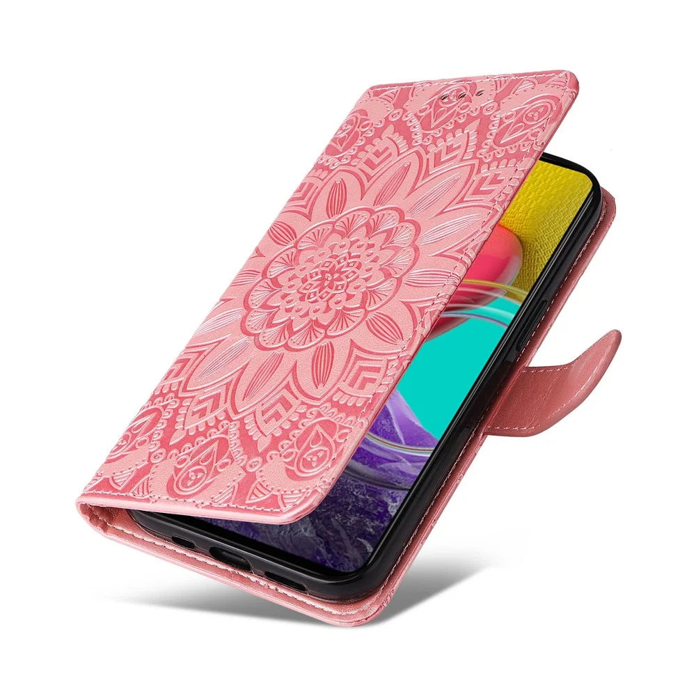 For Samsung Galaxy M53 5G Sunflower Imprinted PU Leather Flip Stand Phone Case Wallet Design Magnetic Closure Inner TPU Anti-Drop Protective Cover with Strap - Pink - 7