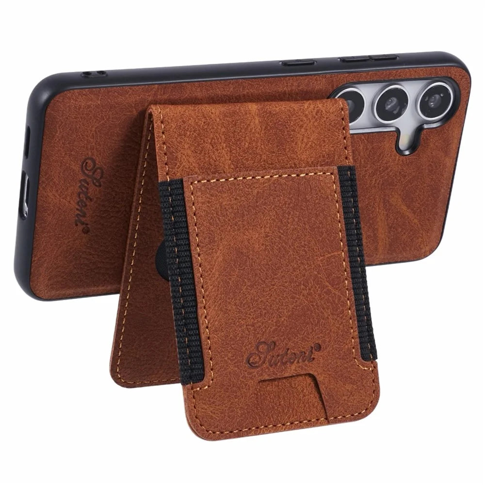 SUTENI H17 For Samsung Galaxy S24 Magnetic Case Card Slots Leather+TPU Kickstand Phone Cover - Khaki - 3