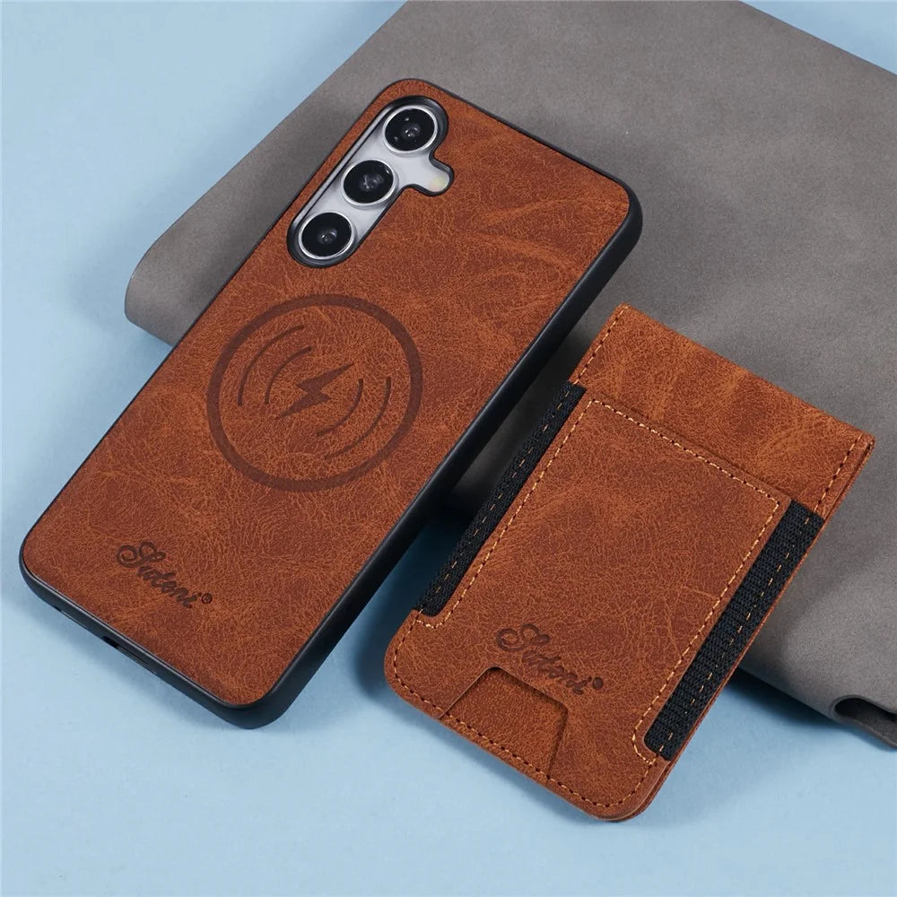 SUTENI H17 For Samsung Galaxy S24 Magnetic Case Card Slots Leather+TPU Kickstand Phone Cover - Khaki - 7