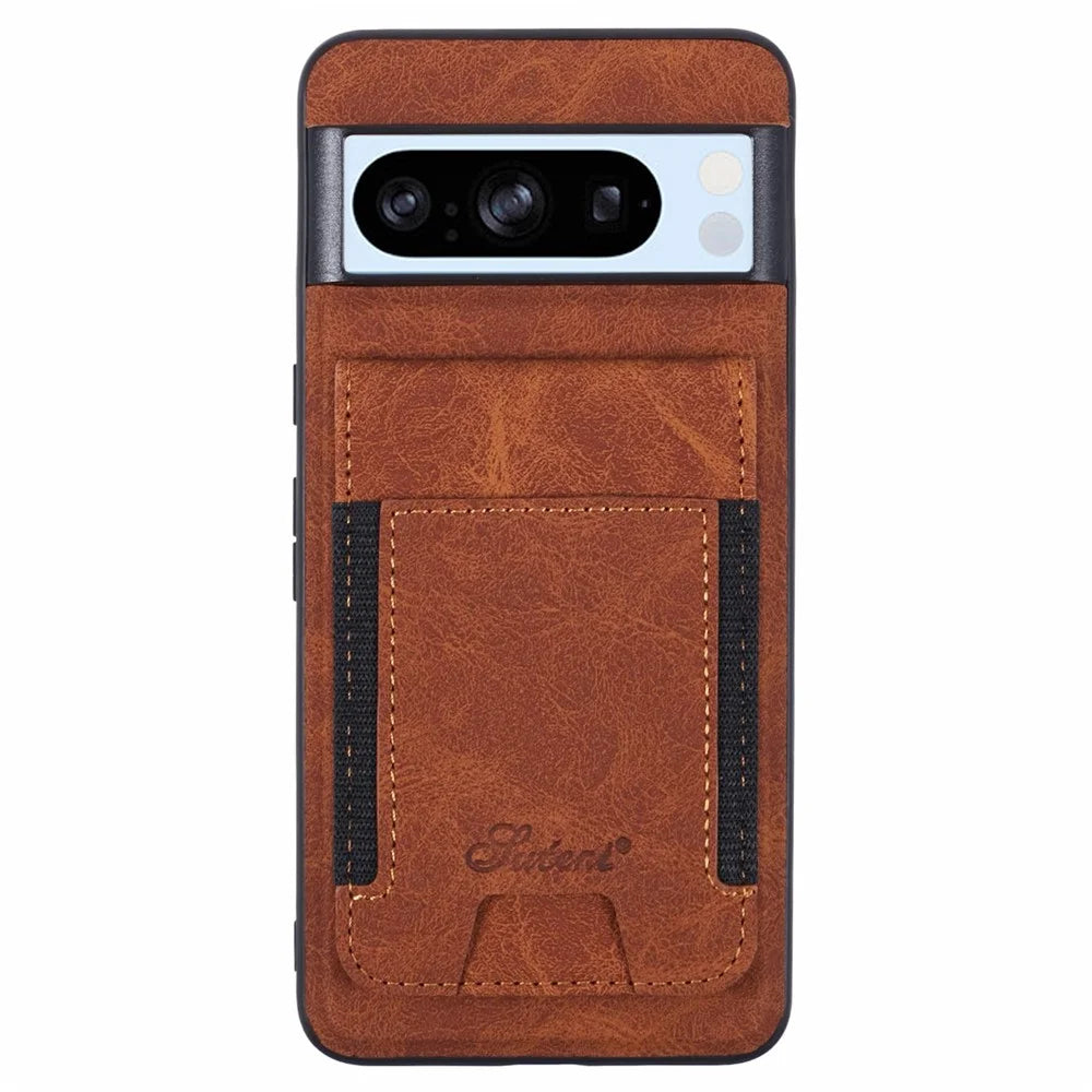 SUTENI H17 For Google Pixel 8 Pro Magnetic Case Card Slots PU+TPU Kickstand Phone Cover - Khaki - 1