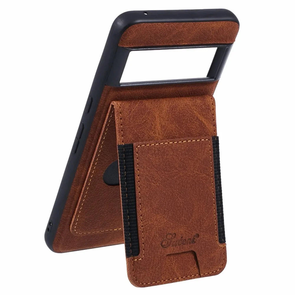 SUTENI H17 For Google Pixel 8 Pro Magnetic Case Card Slots PU+TPU Kickstand Phone Cover - Khaki - 2