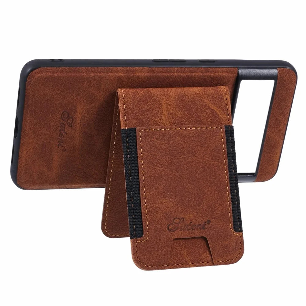 SUTENI H17 For Google Pixel 8 Pro Magnetic Case Card Slots PU+TPU Kickstand Phone Cover - Khaki - 3